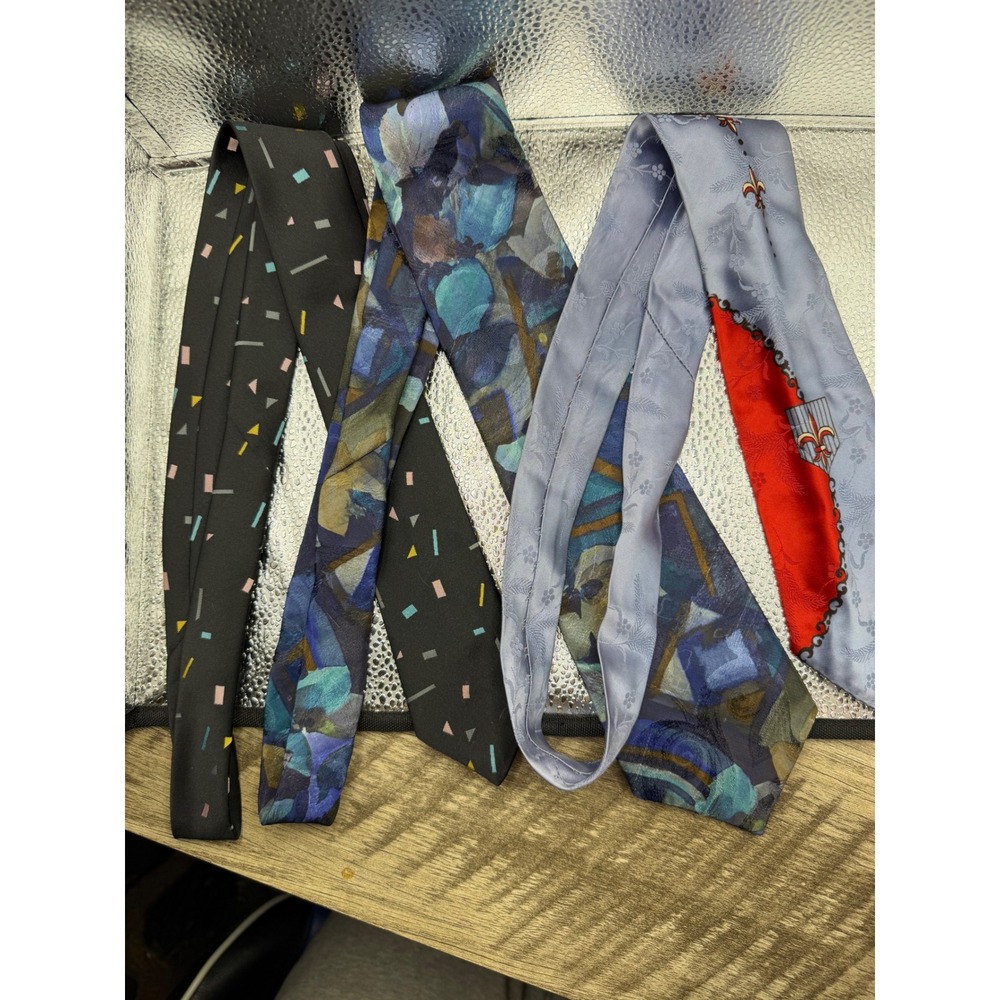 Vintage Mens Tie Lot Fred Gil Paris Geometric Abstract Fleur-de-lis 3 Piece Set